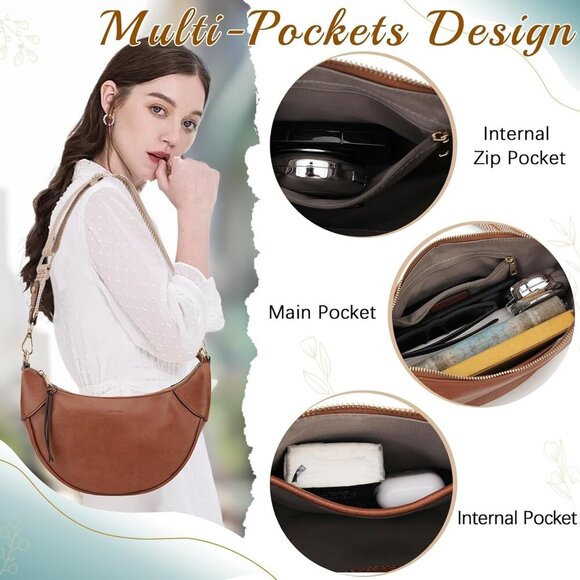 Women Shoulder Bag Faux Leather Small Crescent Crossbody Purse Zipper - Picture 3 of 4